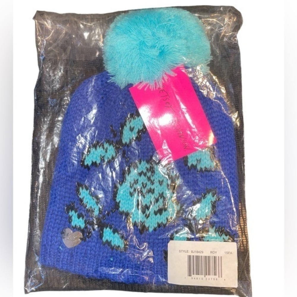 Betsey‎ Johnson NWT Knit Winter Hat Beanie Pom Hat Blue Floral Wool Blend